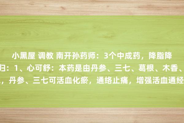 小黑屋 调教 南开孙药师：3个中成药，降脂降压，全面多效，一文回归：1、心可舒：本药是由丹参、三七、葛根、木香、山楂等中药构成，丹参、三七可活血化瘀，通络止痛，增强活血通经之力；葛根兼益气生津、补快慰神之效，...